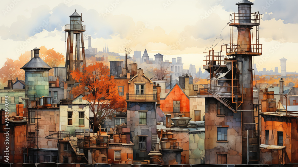 Industrial rooftops, intricately detailed with numerous chimneys emitting smoke, are portrayed against a cloudy sky in the watercolor painting.