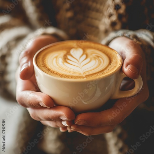 Exquisite Latte Art: Hands Holding Cup in Cafe Bar