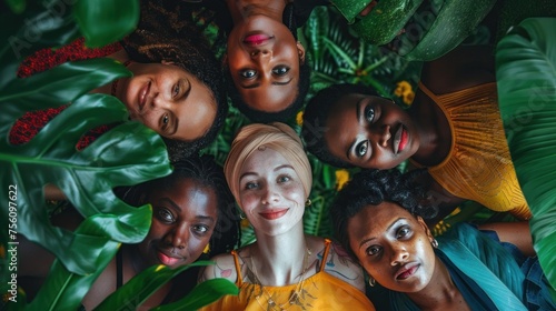 Diversity and Unity. Eclectic individuals stand shoulder to shoulder amidst lush greenery, embodying diversity and connection.