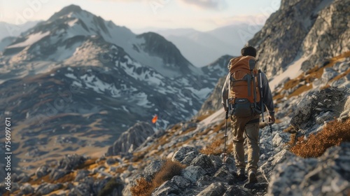 A lone adventurer, clad in outdoor gear, ascends a rocky mountain path towards a distant flag fluttering atop the summit.