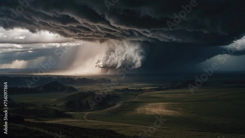 Describe a tumultuous open world landscape amidst a powerful storm, where nature's fury and breathtaking views collide in a mesmerizing display