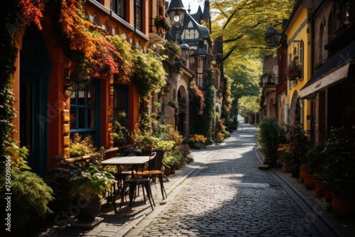 Charming street lined with tables and chairs in a quaint neighbourhood