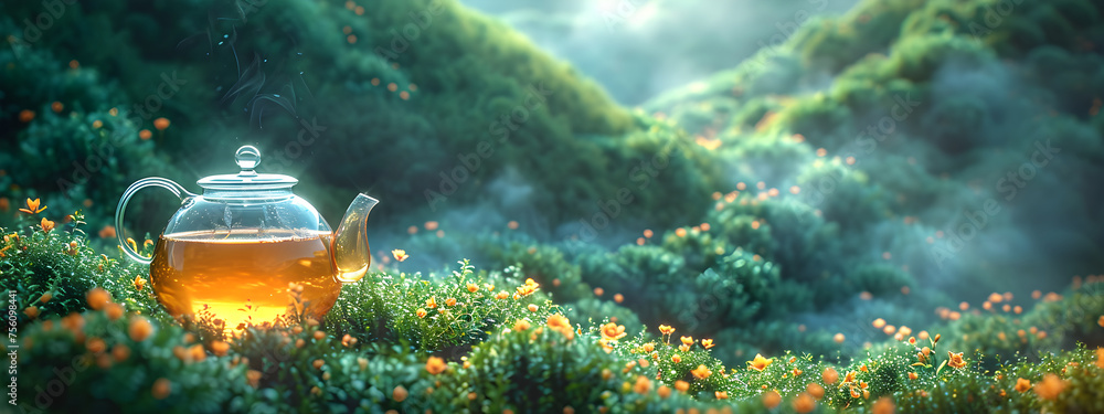 Glass tea kettle with Chinese green or herbal tea and plantation on background. Beautiful landscape with valley mountains. Hot morning drink. Travel concept. Banner with copy space - obrazy, fototapety, plakaty 