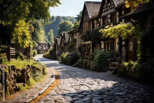 Old cobblestone street bordered by houses in a quaint village