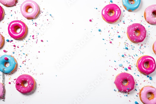 Donuts pattern with icing on white background. Sprinkled sweet and colourful glazed doughnut. Minimal food concept for design card, banner, menu. Flat lay, top view with copy space