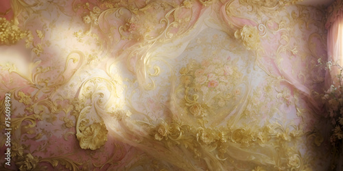 textured wall in gold and pink, floral background, wallpaper, historic style, rococo stucco  photo