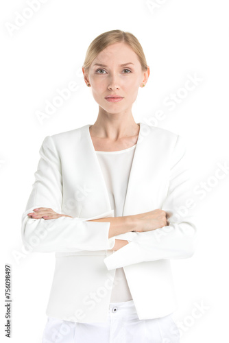 Business woman in white isolated