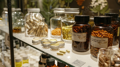 A display of various herbal supplements highlighting the incorporation of botanicals into traditional medicine and its synergy with aromatherapy.