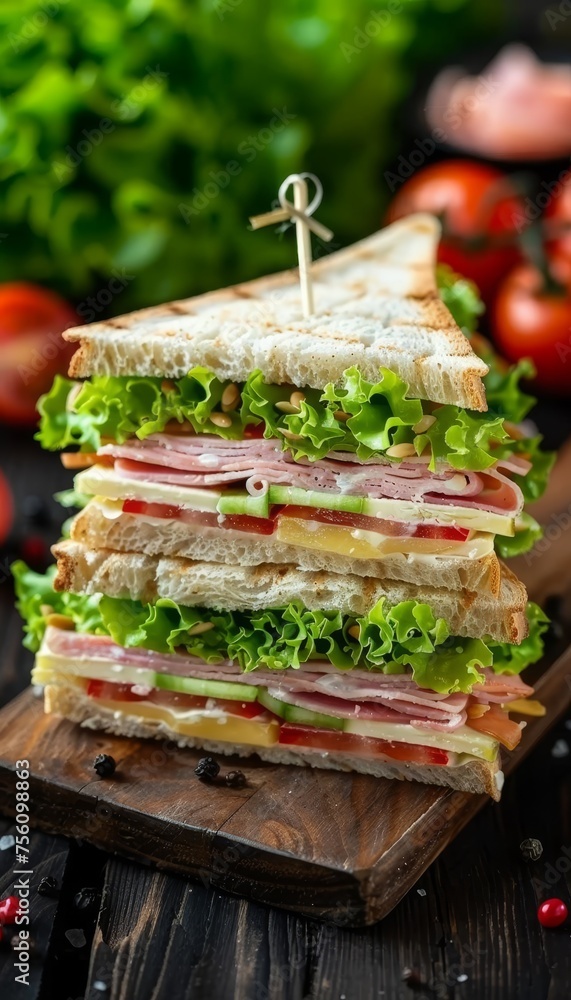 Tasty triangle sandwich with ham, cheese, tomato, and salad ingredients for a delightful meal