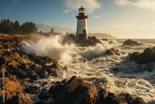 Lighthouse on rocky shore, waves crashing, with cloudy sky and oceanic landscape