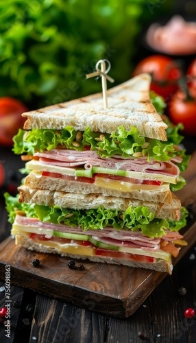 Tasty triangle sandwich with ham, cheese, tomato, and salad ingredients for a delightful meal