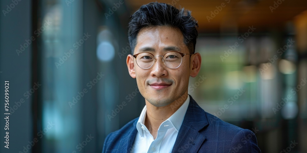 Fototapeta premium Happy smiling korean businessman leader, looking confident standing in office , best candidate of job