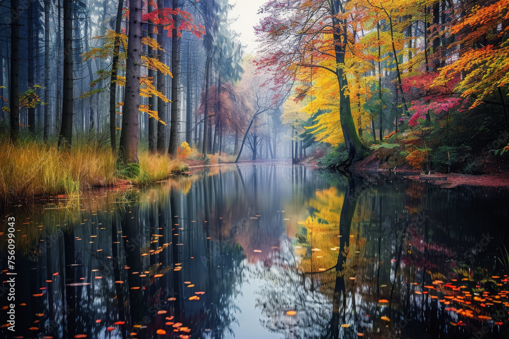 beautiful pond in a colorful autumn forest