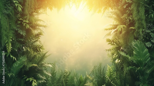 Serene nature scene with lush trees and jungle plants background