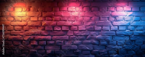 A brick wall illuminated with purple-pink lights