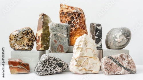 Assorted collection of polished gemstones and minerals displayed in neat arrangement. Geological variety and natural beauty. photo