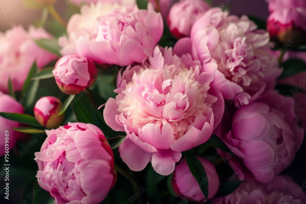 Colorful peonies in close-up view