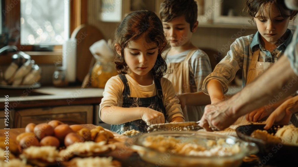 Children engaged in hands-on baking workshop with their adult instructor as they learn to make pastries. Family bonding and educational activities.