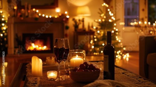Cozy holiday evening with wine and snacks  warm fire and festive Christmas tree lights in home setting. Seasonal celebration and home comfort.