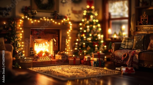 Cozy living room decorated for festive season with roaring fireplace  Christmas tree adorned with lights and gifts  providing warm atmosphere for holiday celebrations.