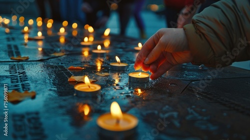 Candlelight vigil in evening as person lights tealight on memorial commemorating lost lives, tradition and remembrance.
