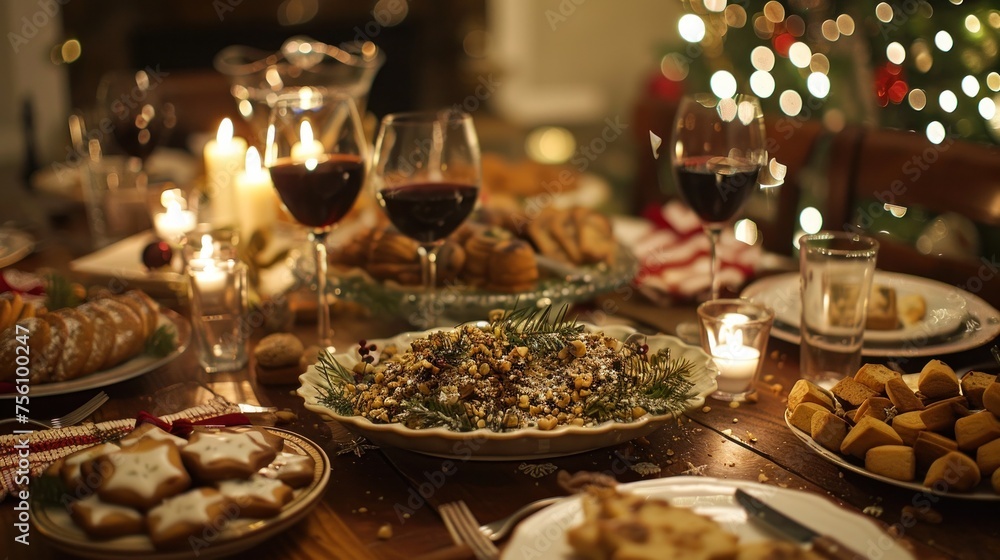 Festive dinner table setting with traditional holiday decorations, wine glasses, and candlelight. Seasonal celebration and dining.
