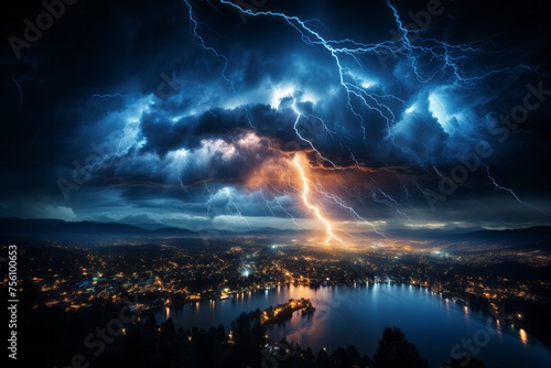 Electric blue lightning storm over a lake, city in background photo