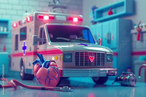 Create a distinctive 3D backdrop background depicting a medical emergency involving a heart and an ambulance photo