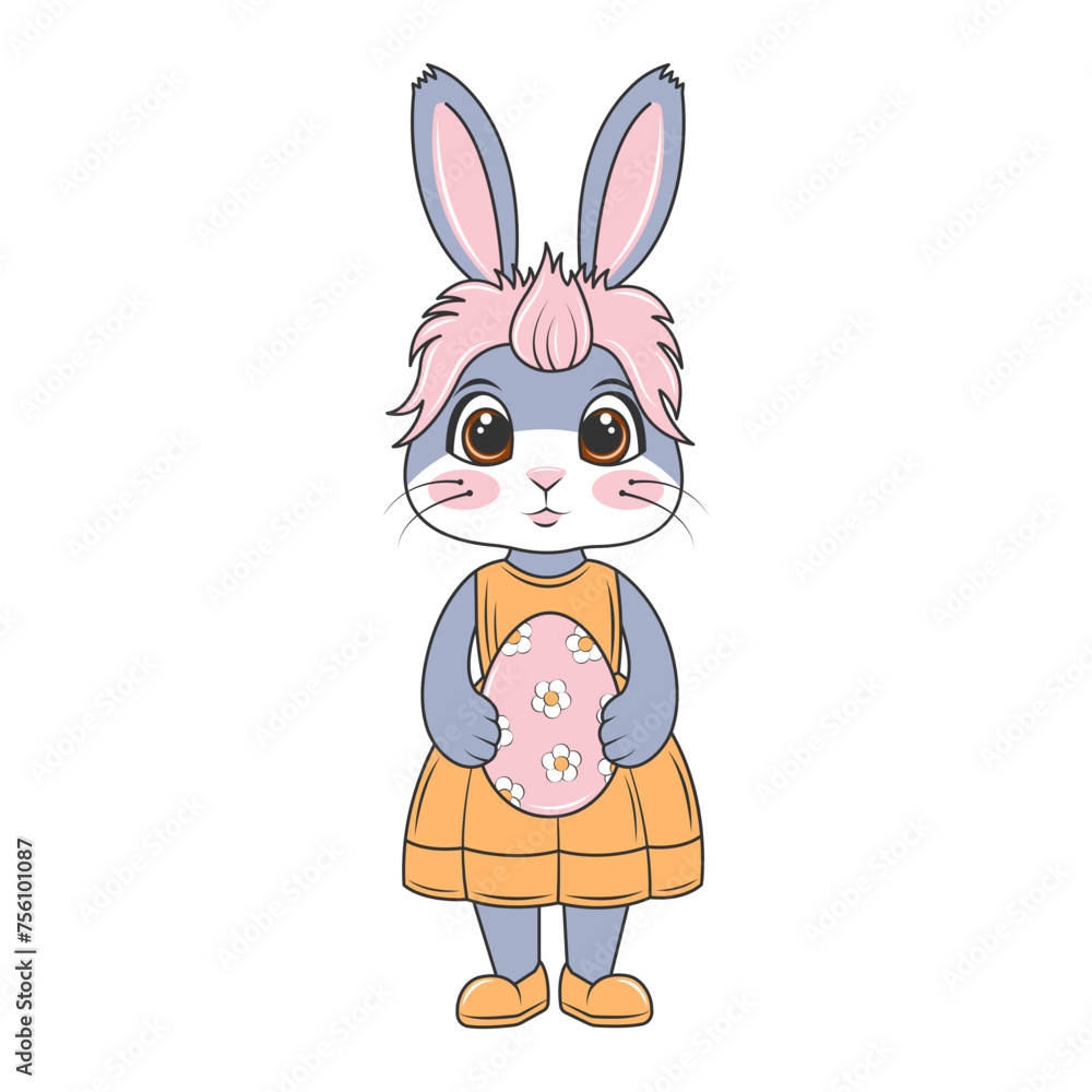 Cute bunny with pink hair in a dress holding an egg. Easter, celebration. Flat vector character isolated on transparent background.