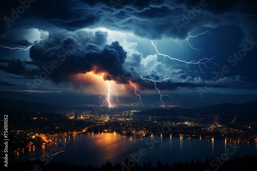 Thunderstorm across lake with city skyline under lightninglit sky