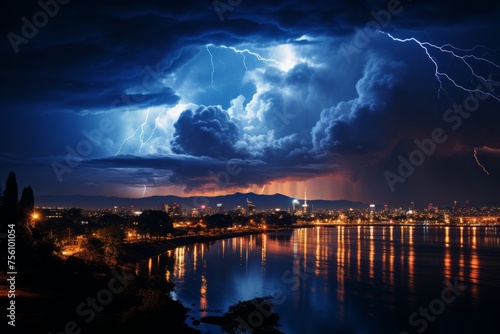 Thunderstorm brewing over lake with city skyline at dusk © 昱辰 董