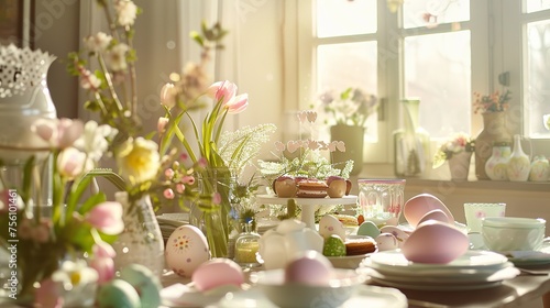 Easter eggs and spring flowers on a table, ideal for spring holiday themes 