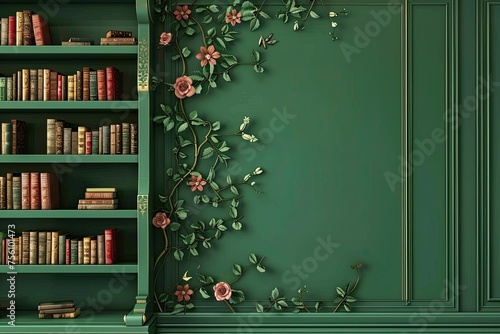 modern green wooden book shelves with floral ornament