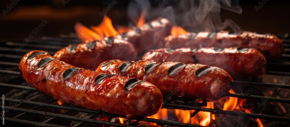 Sizzling sausages are roasting on an outdoor grill over a fire, creating a delicious aroma. This barbecue dish is being cooked to perfection for a mouthwatering meal
