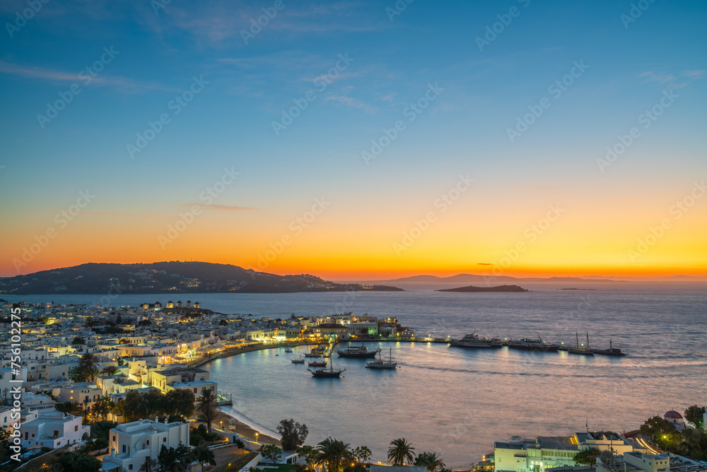 Coast of Mykonos town at sunset. Greece. Europe
