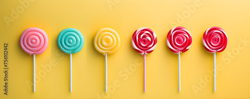 Retro style colorful round shape lollipop on yellow background. Round spiral candy on stick, hard sugar caramel with striped swirls. Candies and sweets for children