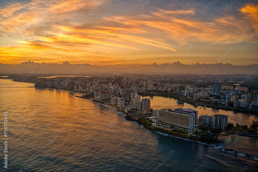 Aerial View of San Juan, Puerto Rico at Sunrise Sunset