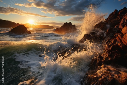 The setting sun casts a warm glow on the ocean as waves crash against the rocks