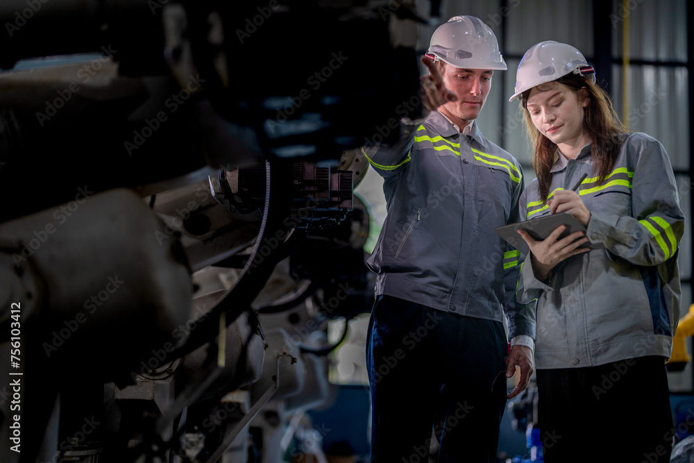 Factory engineer woman inspecting on machine with smart tablet. Worker works at machine robot arm. The welding machine with a remote system in an industrial factory. Artificial intelligence concept. Factory engineer woman inspecting on machine with smart tablet. Worker works at machine robot arm. The welding machine with a remote system in an industrial factory. Artificial intelligence concept.