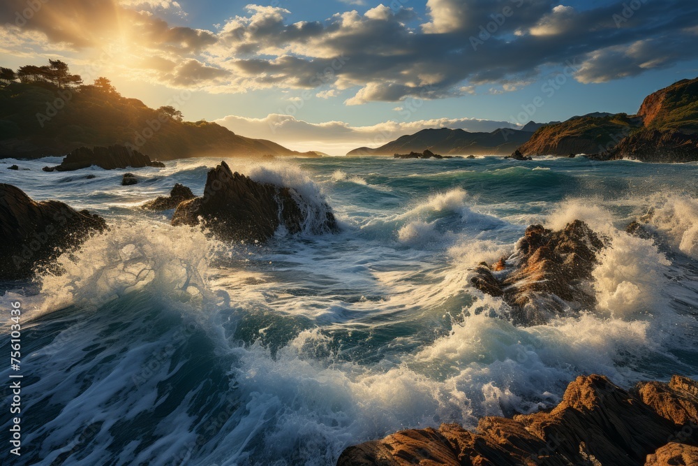 A stunning sunset painting the sky over a rocky beach with crashing waves