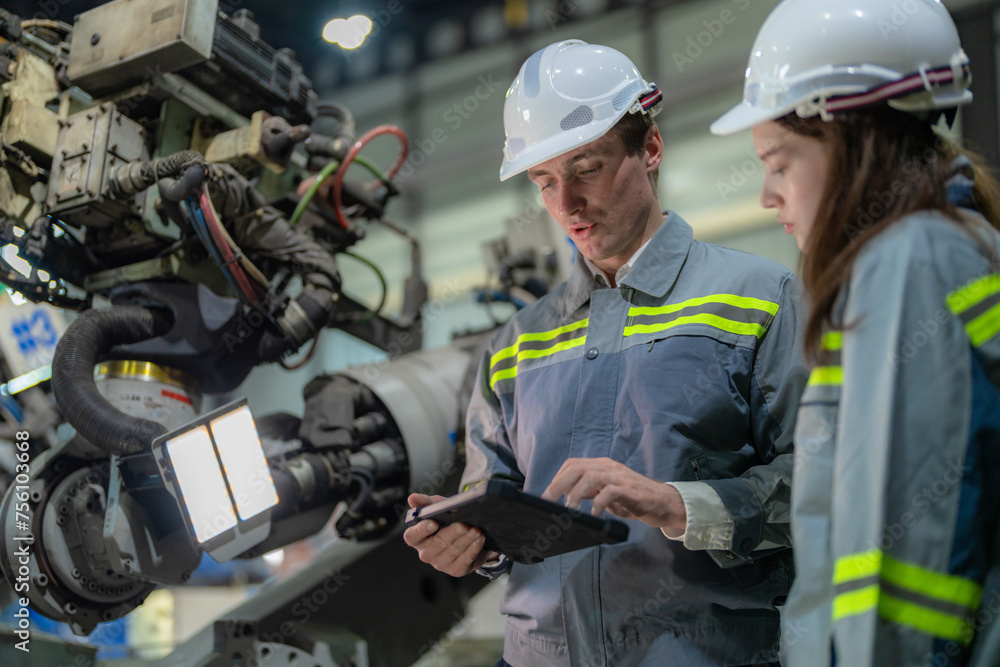 engineers check control heavy machine robot arm. Diverse Team of Industrial Robotics Engineers Gathered Around Machine. Professional Machinery Operators repair electric robot on bright digital panel. engineers check control heavy machine robot arm. Diverse Team of Industrial Robotics Engineers Gathered Around Machine. Professional Machinery Operators repair electric robot on bright digital panel.