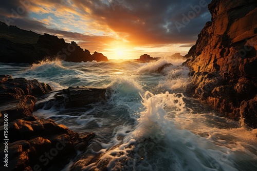 Water crashes on rocks at sunset in a breathtaking natural landscape