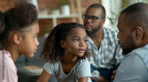 A father and daughter having a serious conversation about the effects of bullying and how to handle it while the rest of their family listens nodding in agreement. photo