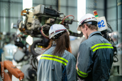 engineers check control heavy machine robot arm. Diverse Team of Industrial Robotics Engineers Gathered Around Machine. Professional Machinery Operators repair electric robot on bright digital panel.