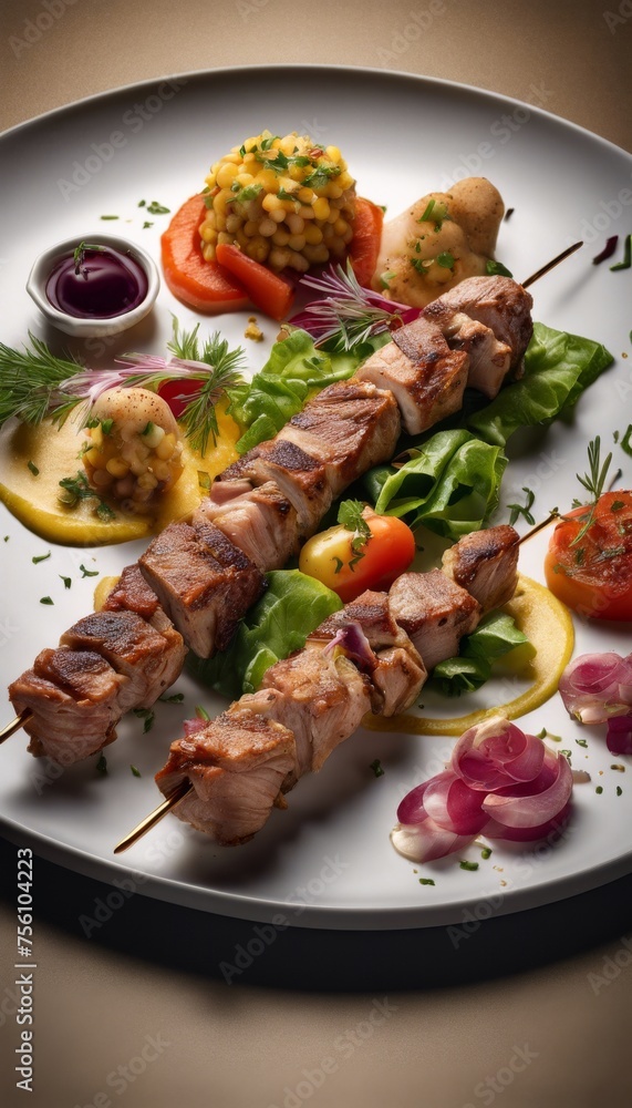 
At a barbecue gathering, the sizzle of kebabs on the grill fills the air. Chicken meat skewers, adorned with mushrooms and peppers, char over glowing coals. The aroma of smoky goodness wafts through 