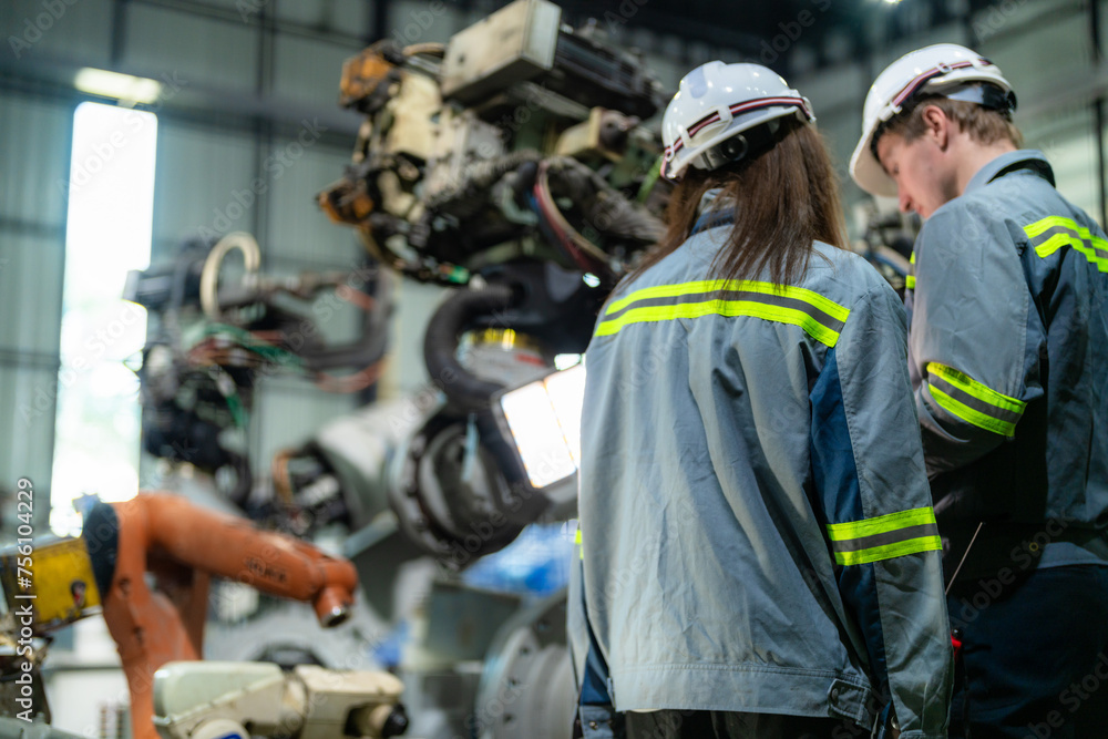 Factory engineer woman inspecting on machine with smart tablet. Worker works at machine robot arm. The welding machine with a remote system in an industrial factory. Artificial intelligence concept. Factory engineer woman inspecting on machine with smart tablet. Worker works at machine robot arm. The welding machine with a remote system in an industrial factory. Artificial intelligence concept.