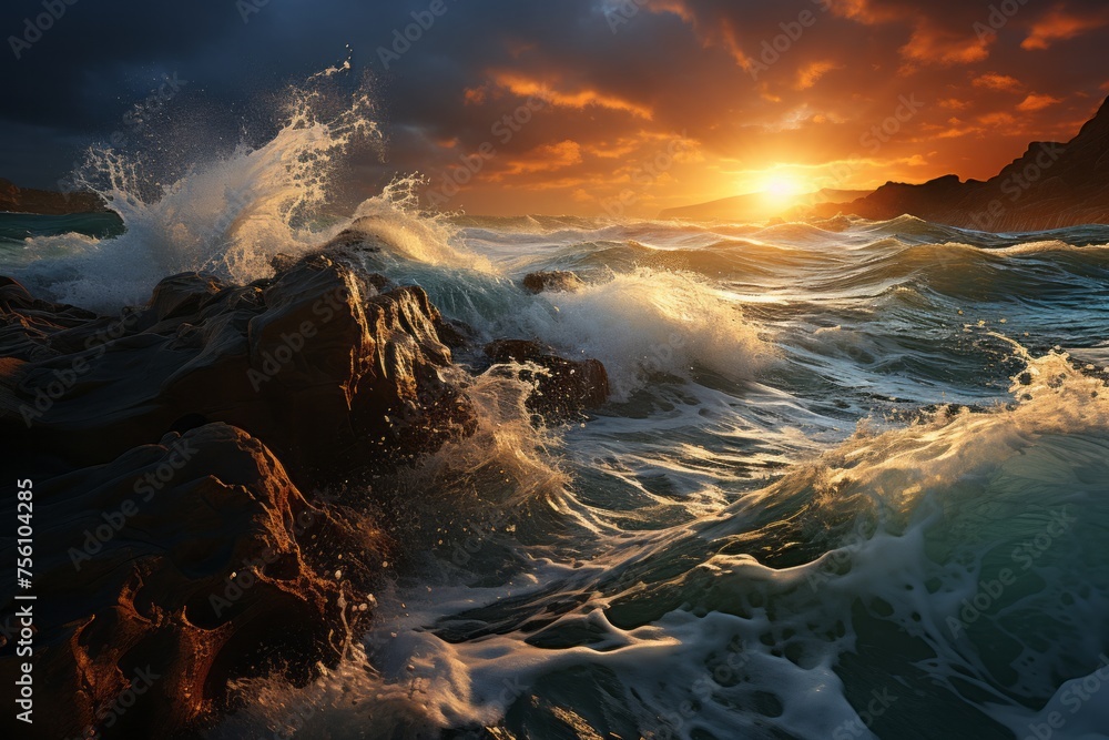 Clouds hover over the rocky shoreline as waves crash at sunset