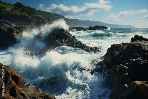 Wind waves create liquid motion as they crash against coastal rocks