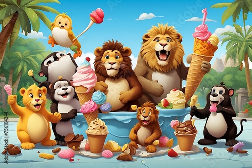 Cartoon zoo scene with animals eating ice cream © ASGraphicsB24