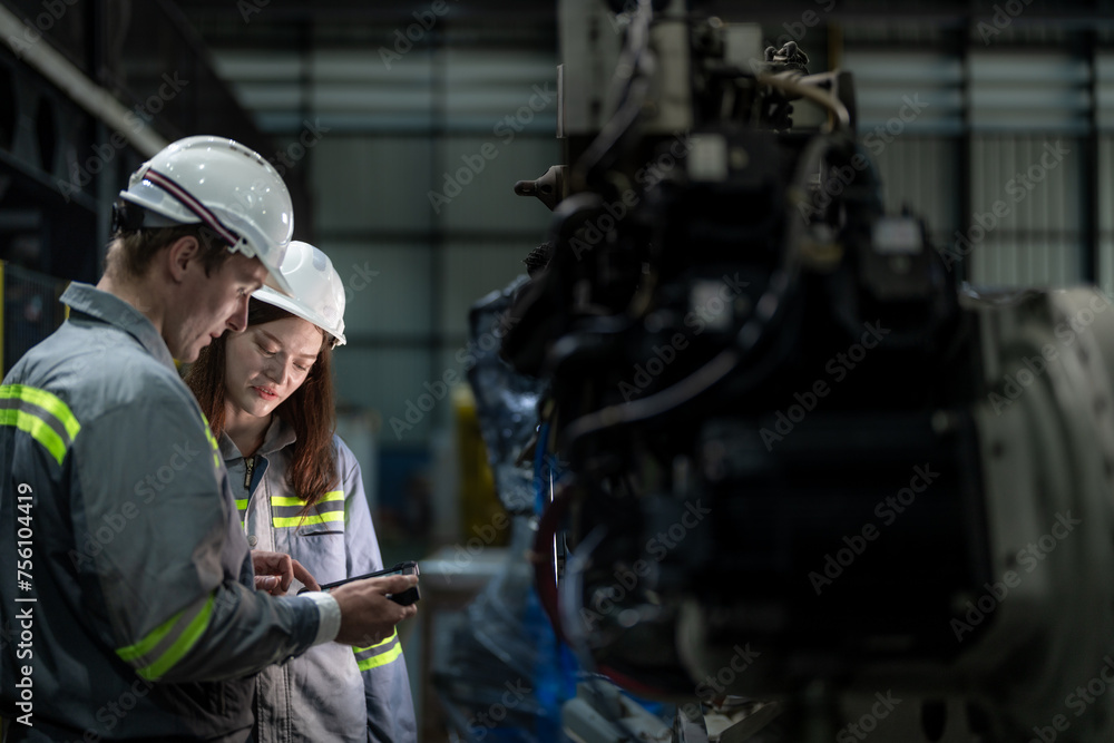 Factory engineer woman inspecting on machine with smart tablet. Worker works at machine robot arm. The welding machine with a remote system in an industrial factory. Artificial intelligence concept. Factory engineer woman inspecting on machine with smart tablet. Worker works at machine robot arm. The welding machine with a remote system in an industrial factory. Artificial intelligence concept.